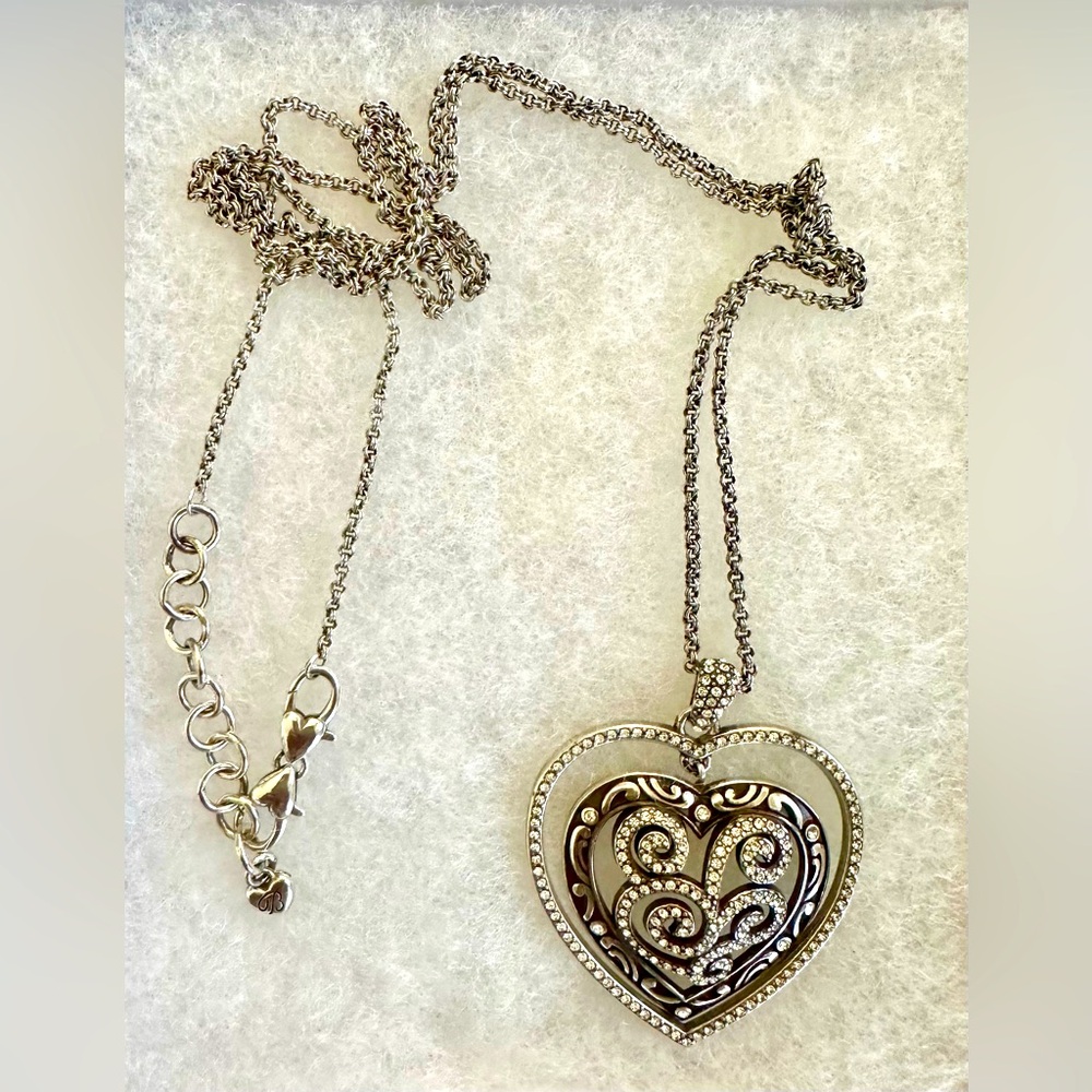 Brighton two tiered heart pendant necklace with 40-43 inch silver chain.